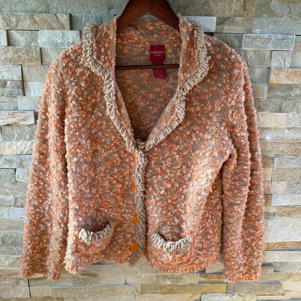 Olsen Europe Orange Boucle Wool Blend Fringe Trim Cardigan Sweater Womens Size 6